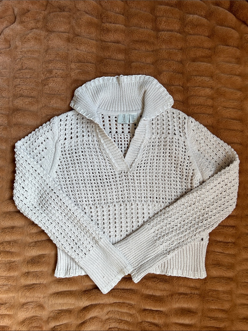 Joie Cream Open-Knit V-Neck Sweater with Fold-Over Collar